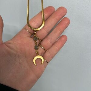 Gold Herringbone Necklace with Crescent Moon